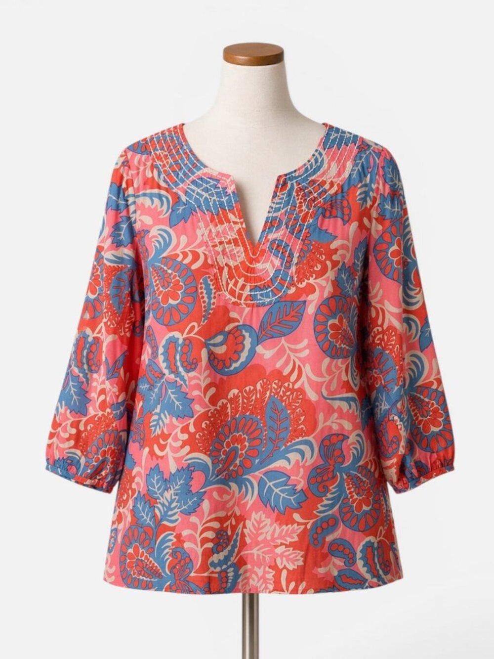Boden Paisley Tunic Top Coral Blue Pink Embroidered V Neck Boho US 6